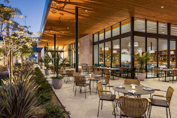 Outdoor seating area of a modern restaurant with wicker chairs and tables, set against a glass-walled building, surrounded by potted plants.