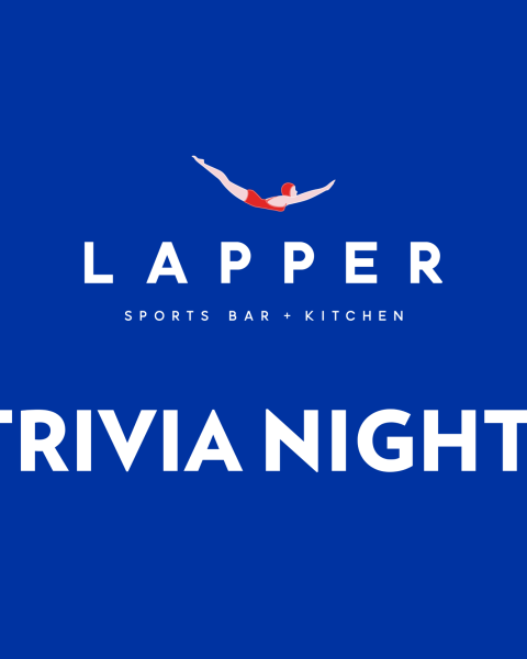 Blue image with "LAPPER Sports Bar + Kitchen" and "TRIVIA NIGHTS" written in white, featuring a small red and white design above the text.