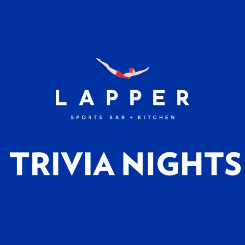 Blue image with "LAPPER Sports Bar + Kitchen" and "TRIVIA NIGHTS" written in white, featuring a small red and white design above the text.