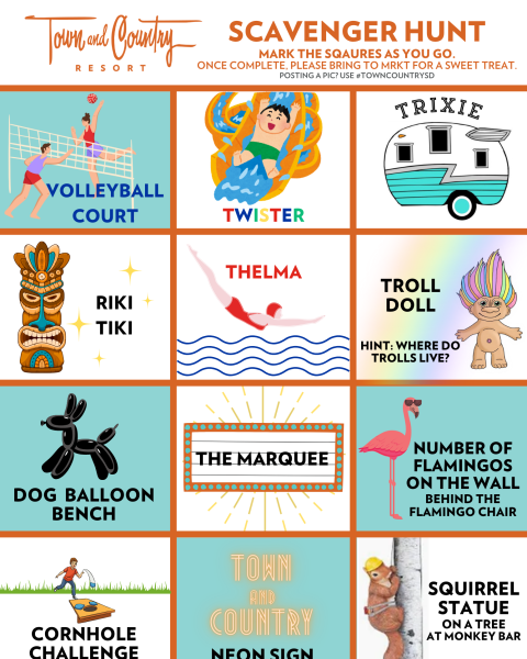 A scavenger hunt with images of a volleyball court, Twister, RV, Tiki, dog balloon, neon sign, and more, along with instructions to mark squares.