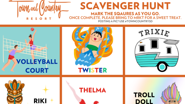 A scavenger hunt with images of a volleyball court, Twister, RV, Tiki, dog balloon, neon sign, and more, along with instructions to mark squares.