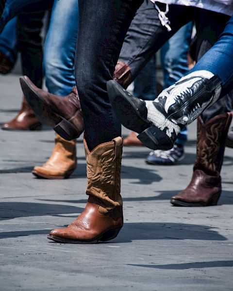 People wearing cowboy boots in various colors and designs are dancing on a street or an open space, lifting their legs in unison.