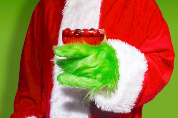 The image shows a character dressed in a Santa Claus costume, with a green furry hand holding a red drink, set against a green background.