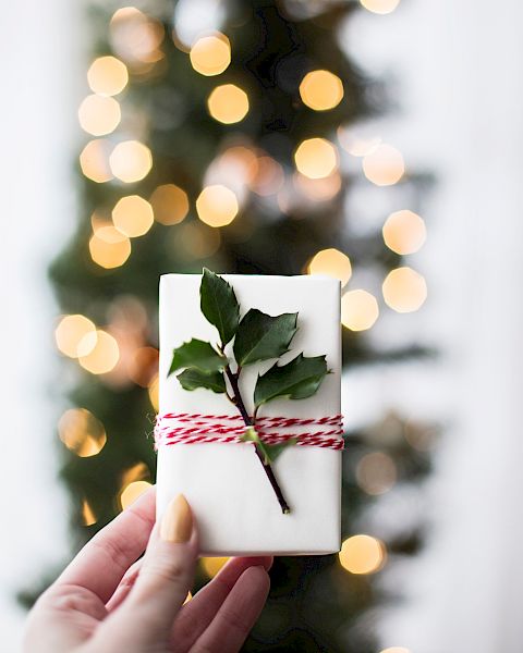 A hand holds a small gift wrapped in white paper, adorned with a sprig of holly and red twine, with a blurred Christmas tree in the background.