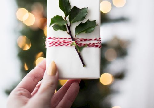 A hand holds a small gift wrapped in white paper, adorned with a sprig of holly and red twine, with a blurred Christmas tree in the background.