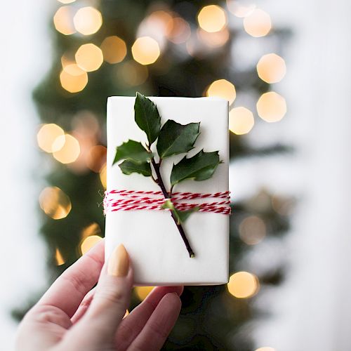 A hand holds a small gift wrapped in white paper, adorned with a sprig of holly and red twine, with a blurred Christmas tree in the background.