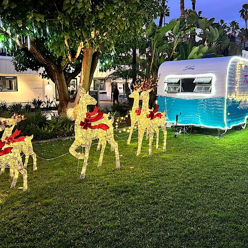 The image shows illuminated reindeer decorations with red bows on grass, next to a blue and white trailer, under a large tree at night.