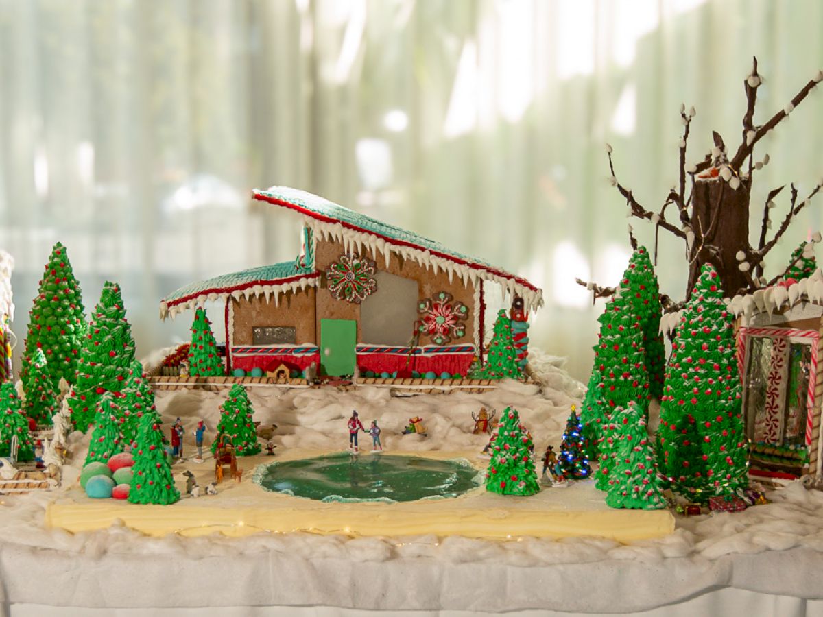 A festive gingerbread village with houses, trees, and a pond, all intricately decorated with icing and candies on a snowy white surface.