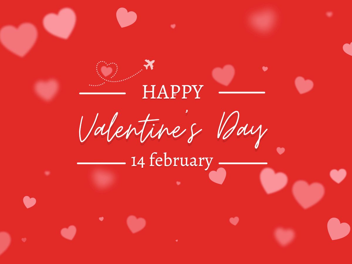 A red background with floating hearts says "Happy Valentine's Day, 14 February" in white text, with a small plane and heart trail.