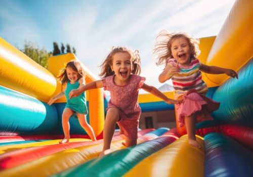 Three children are joyfully running on a colorful inflatable bounce house, with smiles and sunlight enhancing their playful moment.