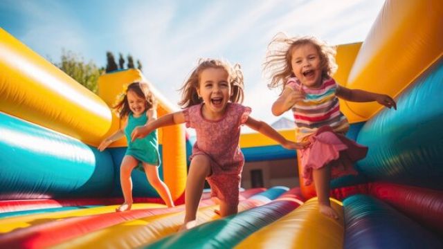 Three children are joyfully running on a colorful inflatable bounce house, with smiles and sunlight enhancing their playful moment.