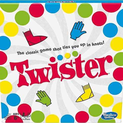 The image shows the box cover of the Twister game, featuring colorful dots and the slogan "The classic game that ties you up in knots!".